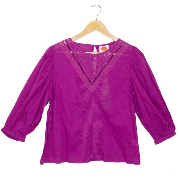Farm Rio Purple Puff Sleeve Blouse Embroidered Lace Bib - Picture 2 of 13